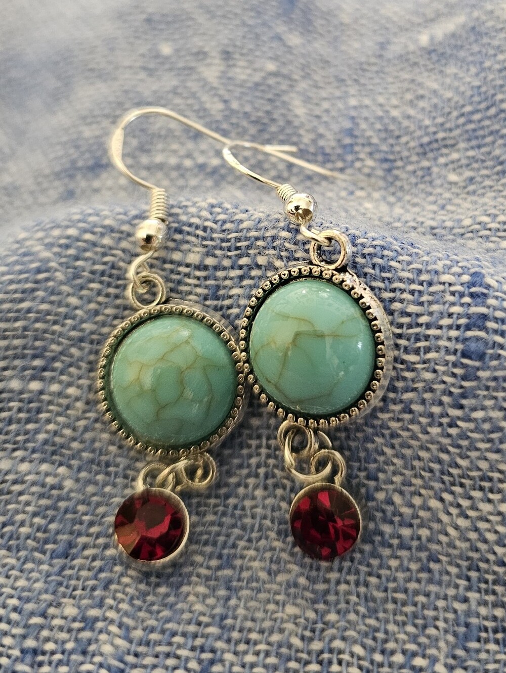 Hand Made FauxTurquoise Stone Drop Earrings with Ruby Red Crystal Sterling Back